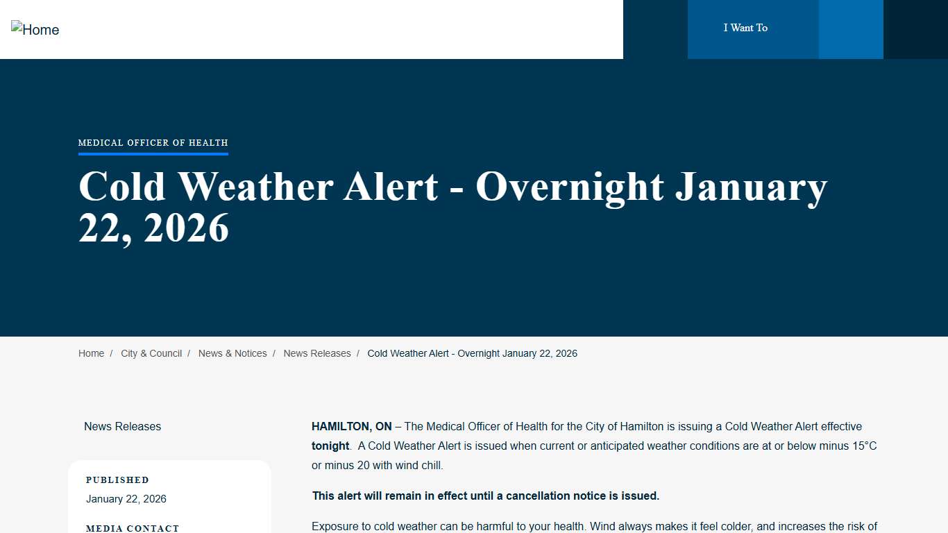 Cold Weather Alert - Overnight January 22, 2026 City of Hamilton